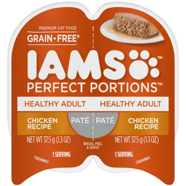 (3 pack) IAMS PERFECT PORTIONS Healthy Adult Grain Free Wet Cat Food Pat©, Chicken Recipe, 2.6 oz. Easy Peel Twin-Pack Tray