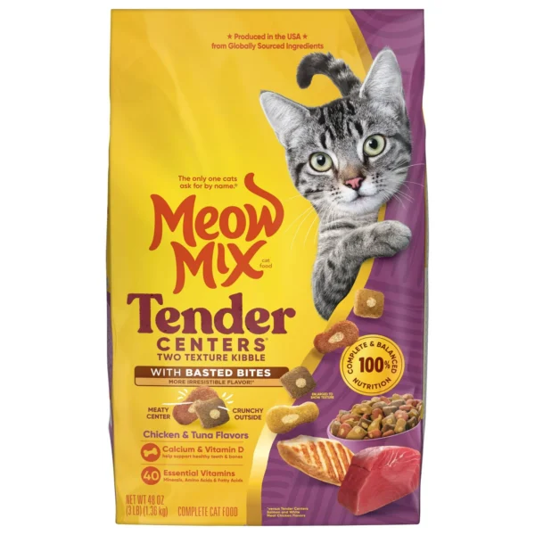 Meow Mix Tender Centers Dry Cat Food with Basted Bites, Beef & Salmon Flavors, 3 Pound Bag